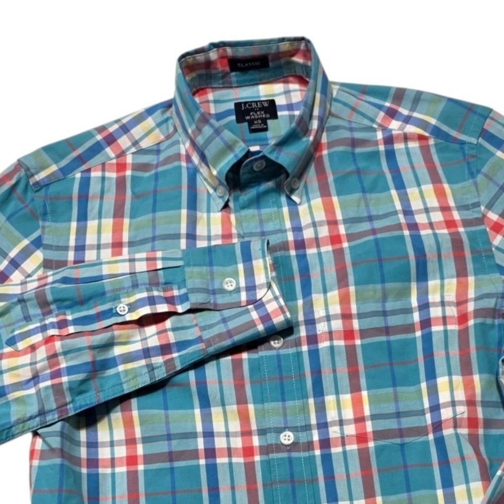 J.Crew Flex Washed Shirt Mens XS Blue Plaid Cotton Stretch Classic Fit BP969